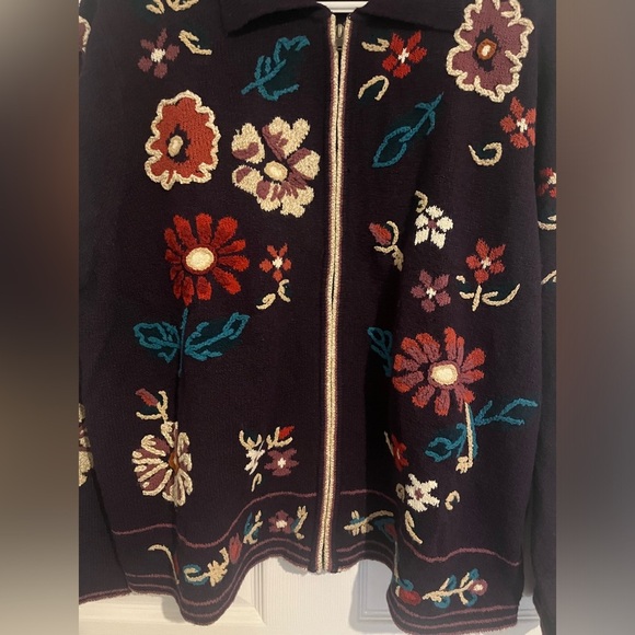 Vintage Purple Full Zip Sweater with Embroidered Flowers Large Boho Colouful - Picture 2 of 4